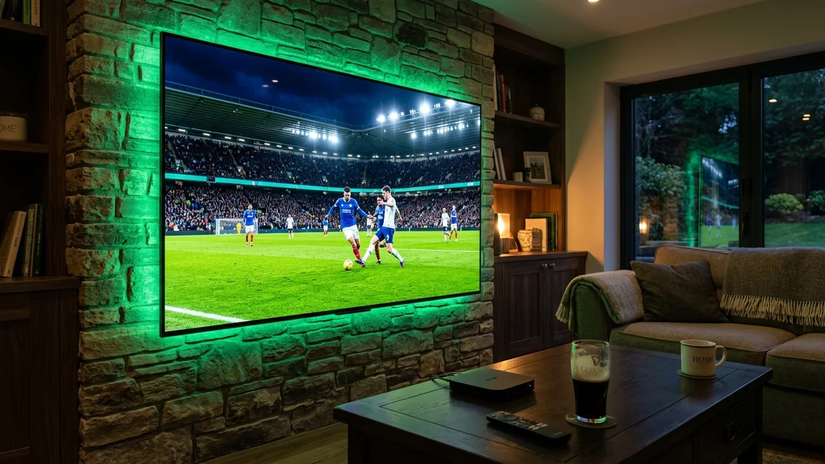 Live Saturday 3 PM Premier League football stadium broadcast on 4K television screen in Ireland