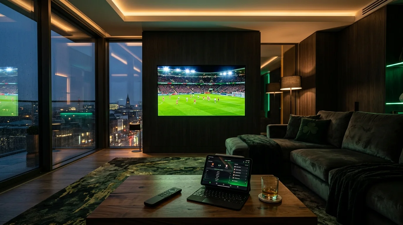 IPTV Ireland high-definition 4K streaming setup in Irish living room showing live football match